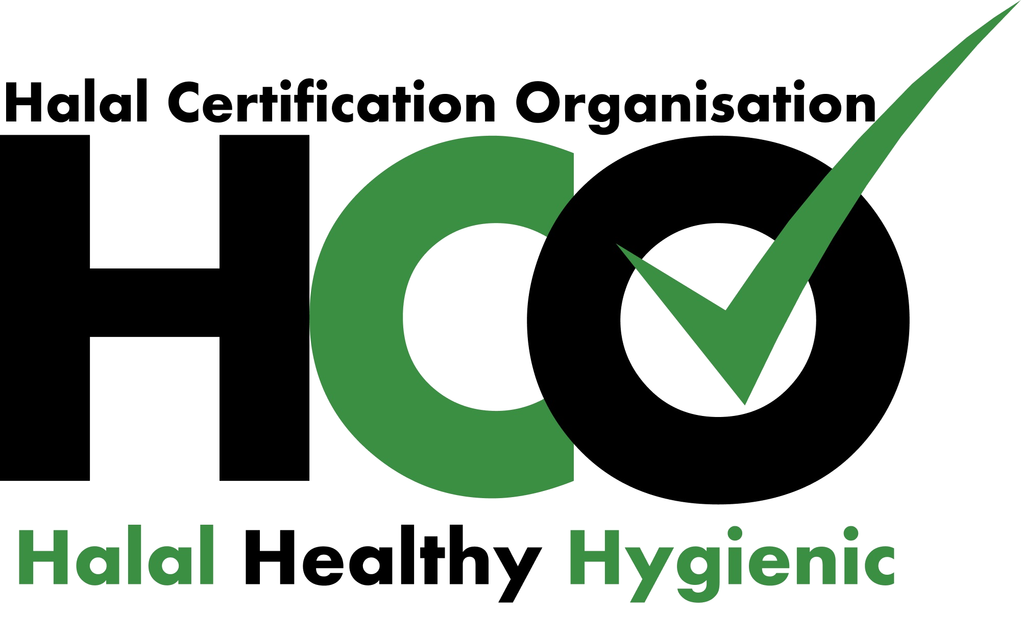 Logo for Halal Certification Organisation featuring large "HCO" letters with a checkmark and the words "Halal Healthy Hygienic" below in green and black text.